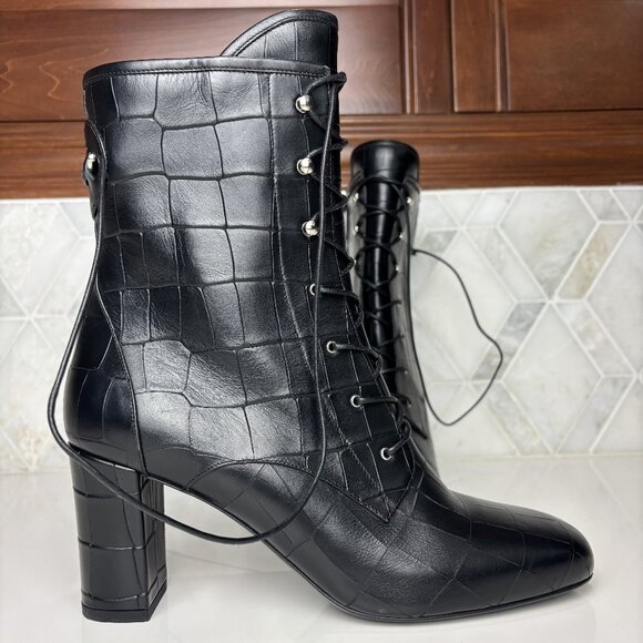 41/10 Black Leather Croc Round Toe Lace Up Zip Block Heel Ankle Boot Bootie - Picture 4 of 12